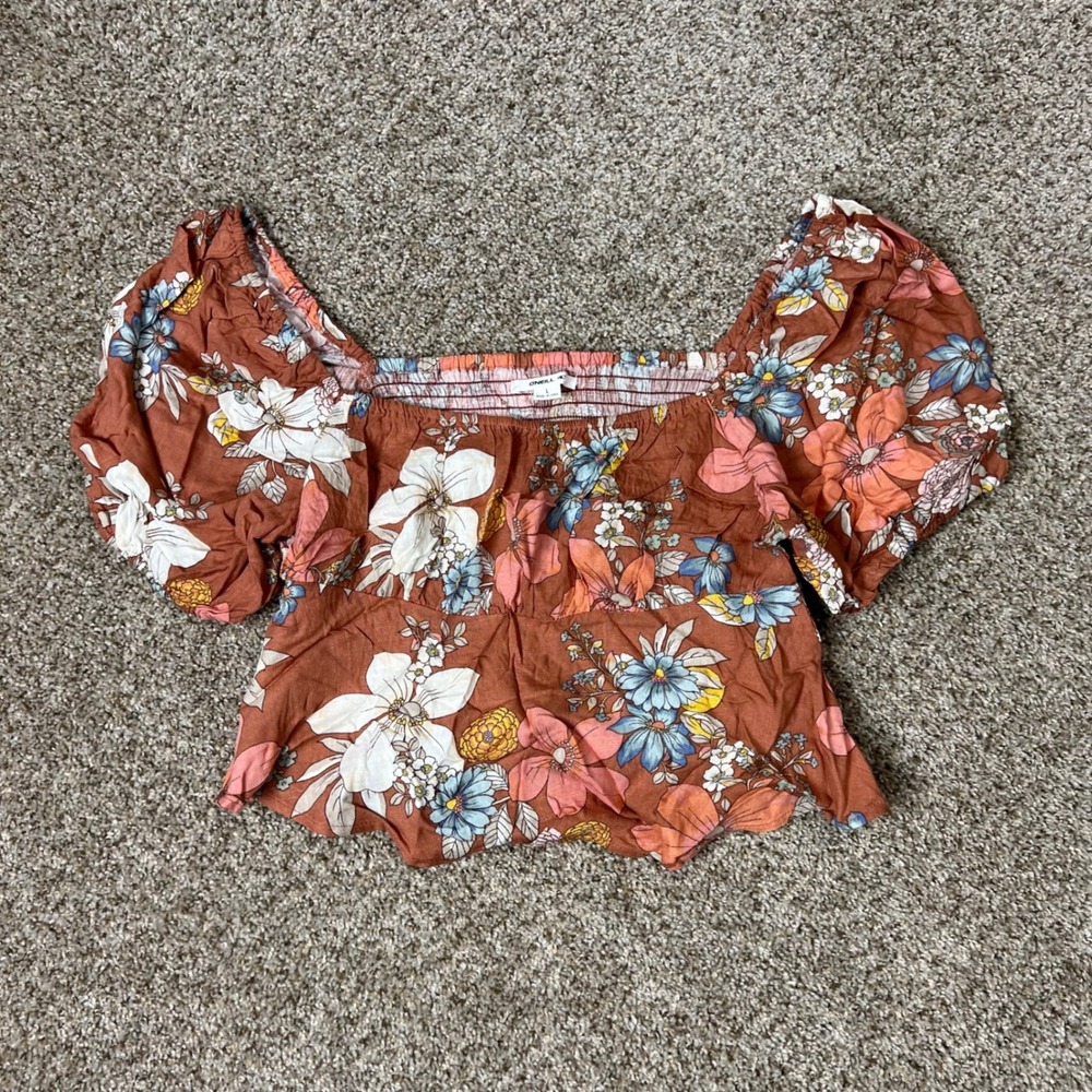 ONeill Floral Puff Sleeve Smocked Back Top Rust Orange Boho Crop Peplum Large
